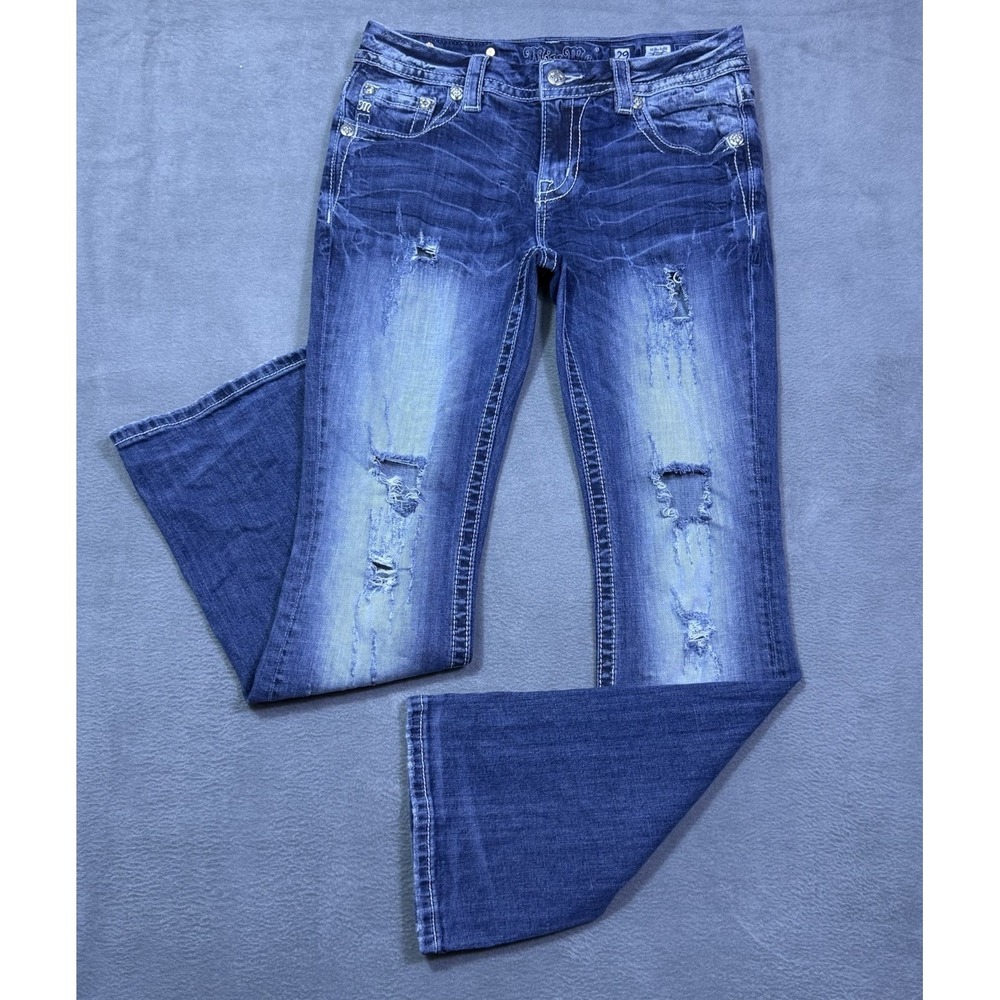 Miss Me Jeans Womens 29x31 Midrise Bootcut Studded Distressed Embroidered Pocket